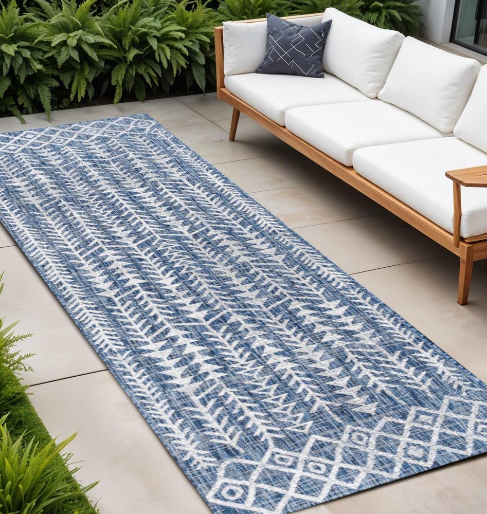 8' Blue And Ivory Trellis Indoor Outdoor Runner Rug — view 6