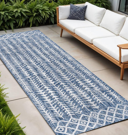 8' Blue And Ivory Trellis Indoor Outdoor Runner Rug HomeRoots