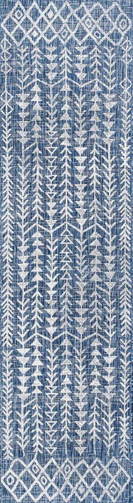 8' Blue And Ivory Trellis Indoor Outdoor Runner Rug — view 1