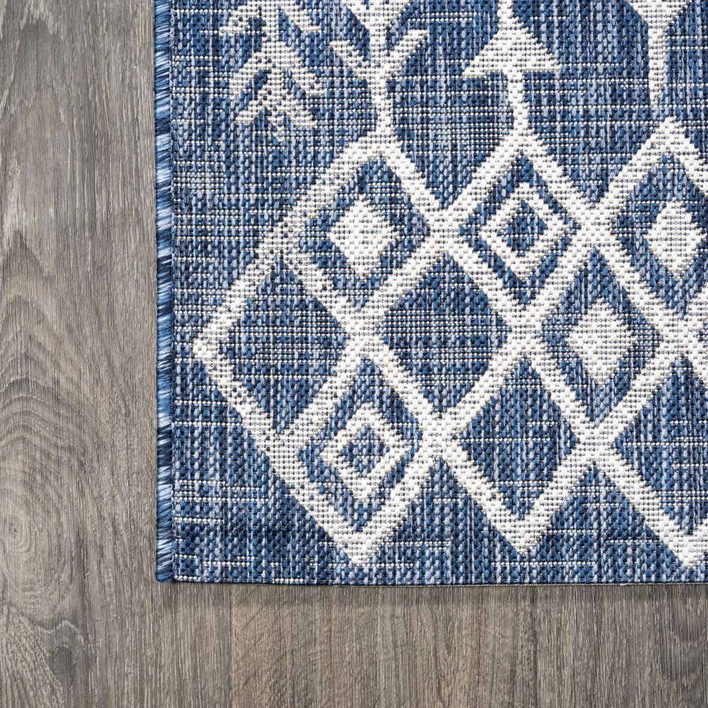 8' Blue And Ivory Trellis Indoor Outdoor Runner Rug