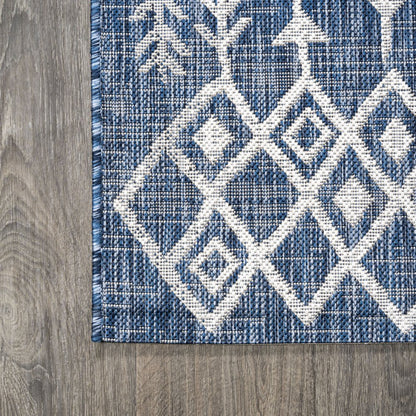 8' Blue And Ivory Trellis Indoor Outdoor Runner Rug