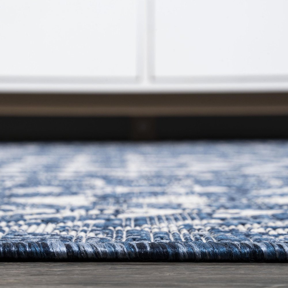 8' Blue And Ivory Trellis Indoor Outdoor Runner Rug — view 4
