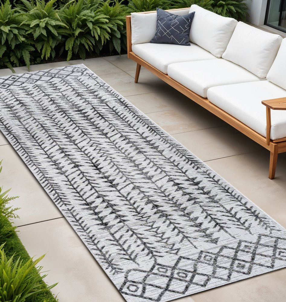 10' Ivory And Black Trellis Indoor Outdoor Runner Rug — view 7