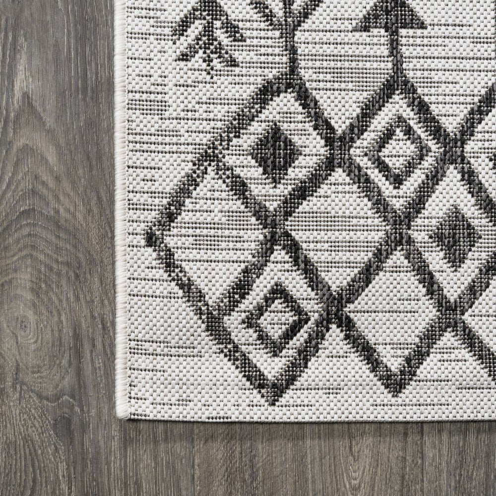 8' Ivory And Black Trellis Indoor Outdoor Runner Rug — view 3
