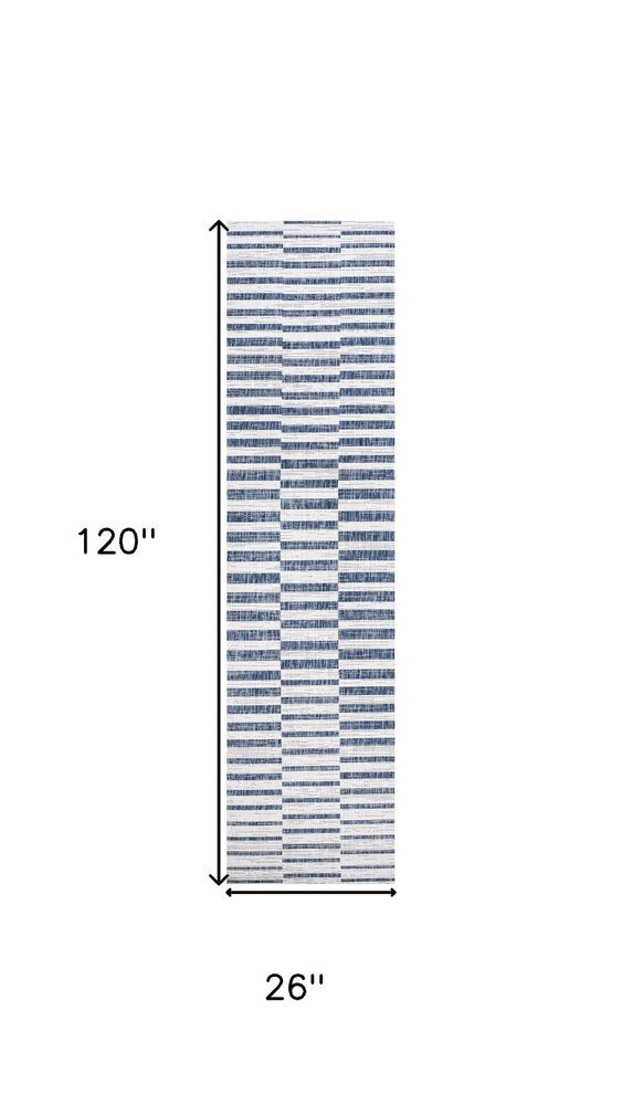 10' Ivory And Blue Striped Indoor Outdoor Runner Rug — view 5