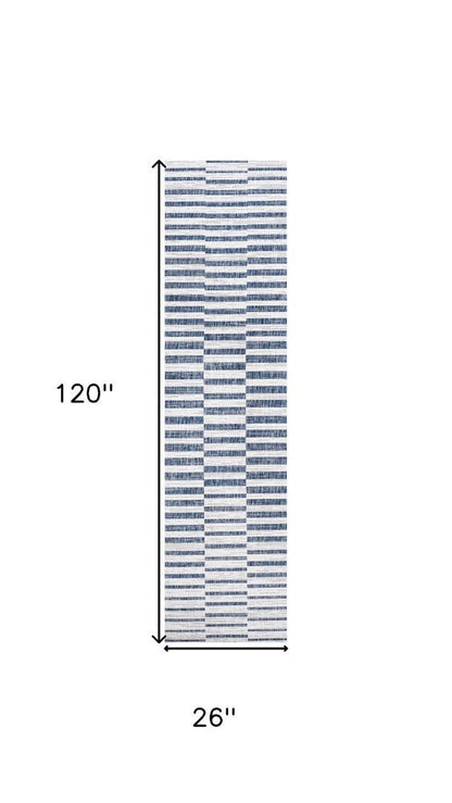 10' Ivory And Blue Striped Indoor Outdoor Runner Rug HomeRoots