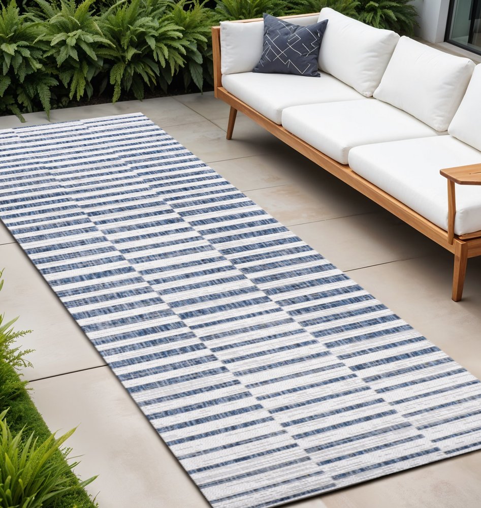 10' Ivory And Blue Striped Indoor Outdoor Runner Rug — view 6