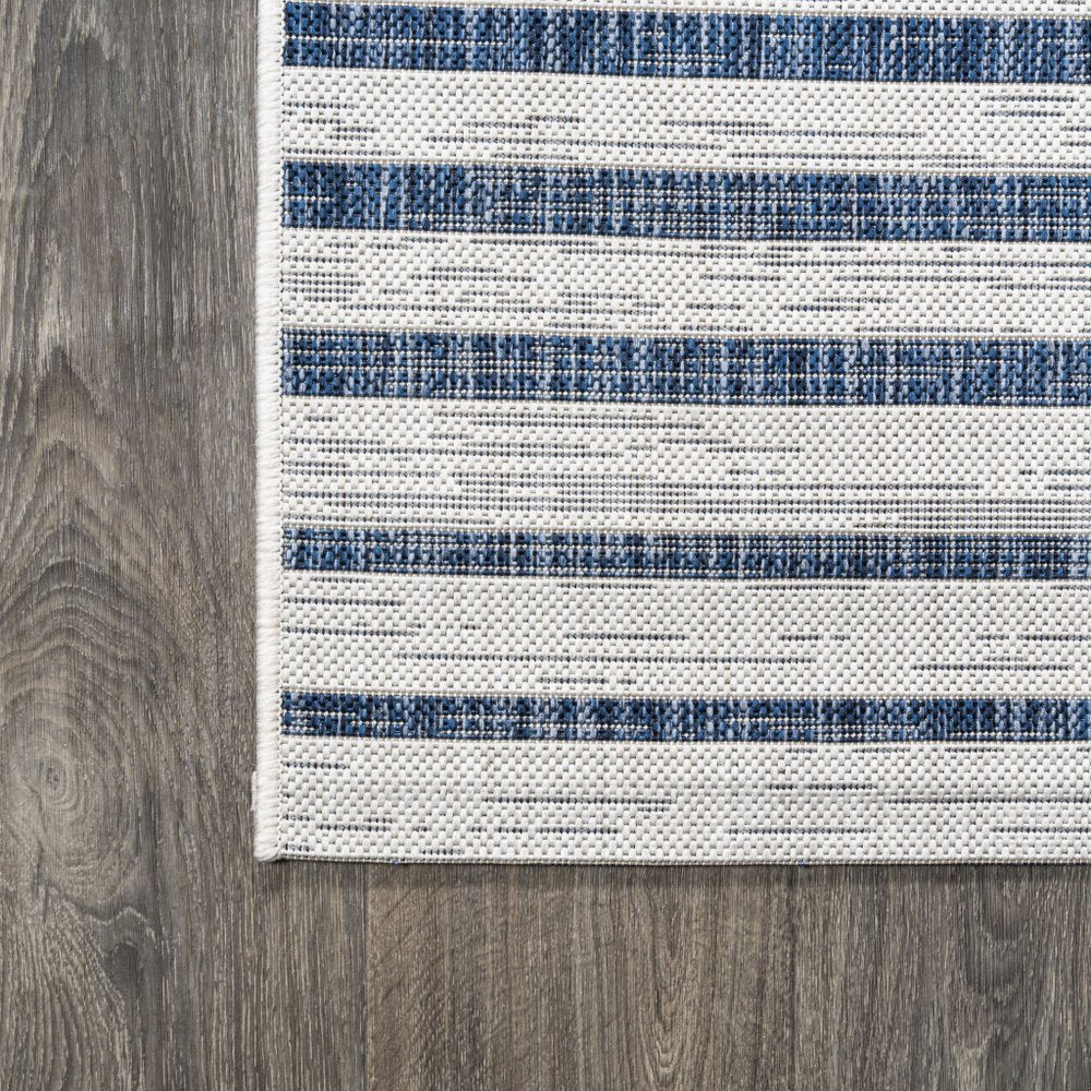 10' Ivory And Blue Striped Indoor Outdoor Runner Rug — view 3