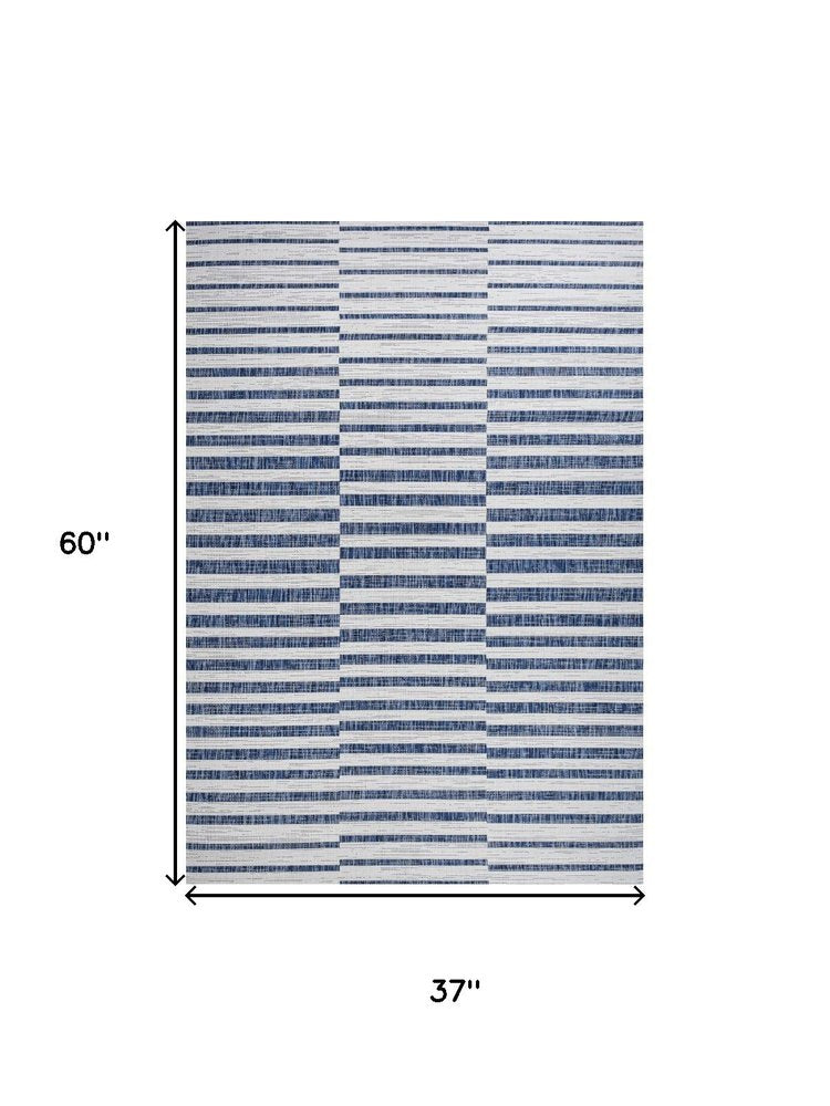3' X 5' Ivory And Blue Striped Indoor Outdoor Area Rug — view 3