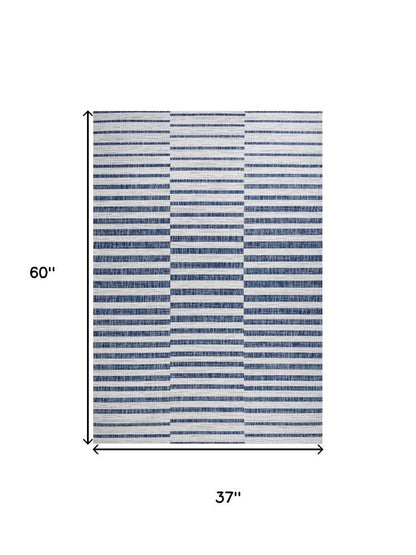 3' X 5' Ivory And Blue Striped Indoor Outdoor Area Rug HomeRoots