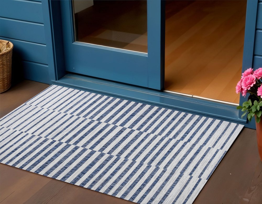 3' X 5' Ivory And Blue Striped Indoor Outdoor Area Rug HomeRoots