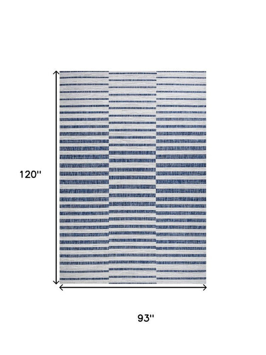 8' X 10' Ivory And Blue Striped Indoor Outdoor Area Rug
