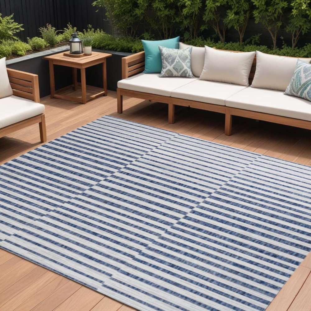 8' X 10' Ivory And Blue Striped Indoor Outdoor Area Rug HomeRoots