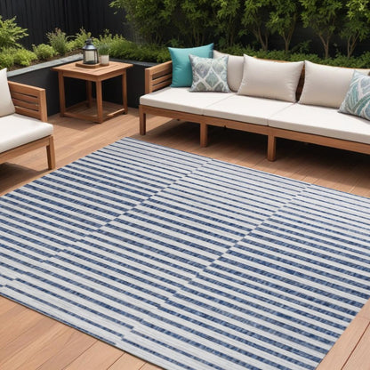 8' X 10' Ivory And Blue Striped Indoor Outdoor Area Rug HomeRoots