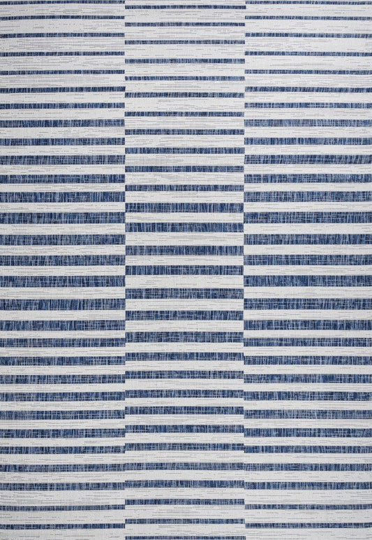 8' X 10' Ivory And Blue Striped Indoor Outdoor Area Rug