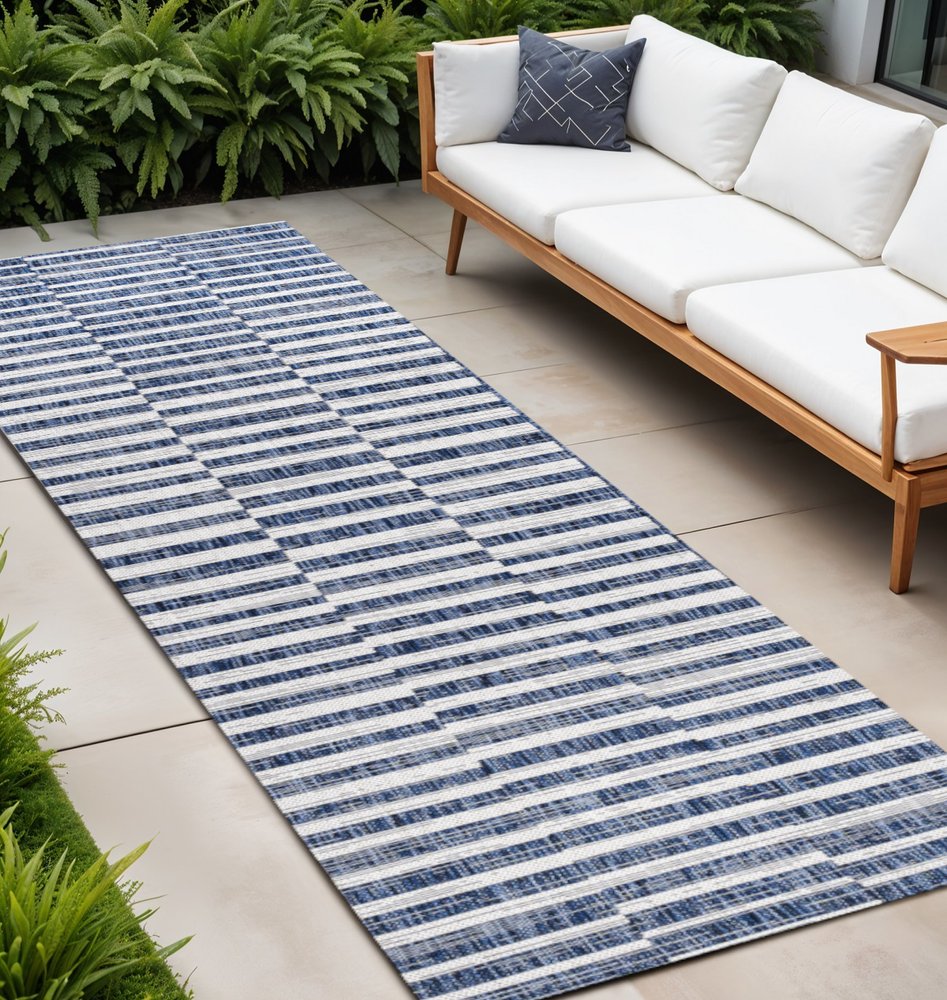10' Blue And Ivory Striped Indoor Outdoor Runner Rug HomeRoots