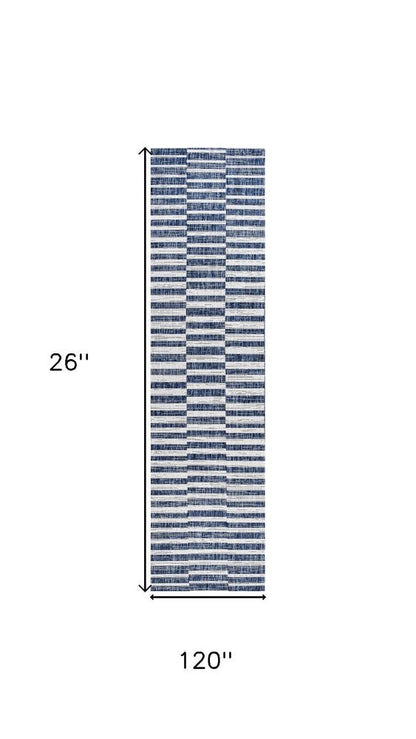 10' Blue And Ivory Striped Indoor Outdoor Runner Rug