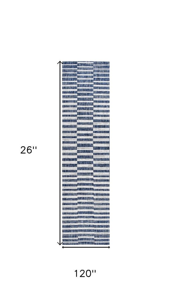 10' Blue And Ivory Striped Indoor Outdoor Runner Rug — view 4