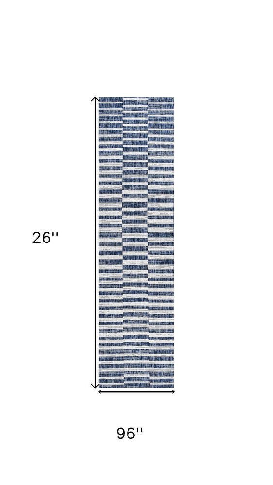 8' Blue And Ivory Striped Indoor Outdoor Runner Rug — view 8