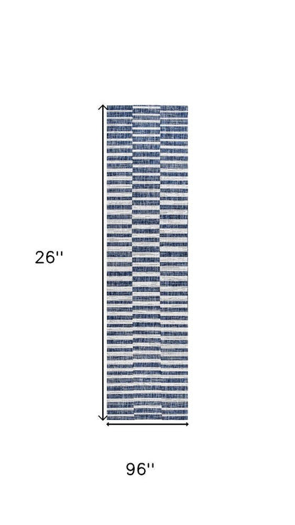 8' Blue And Ivory Striped Indoor Outdoor Runner Rug HomeRoots