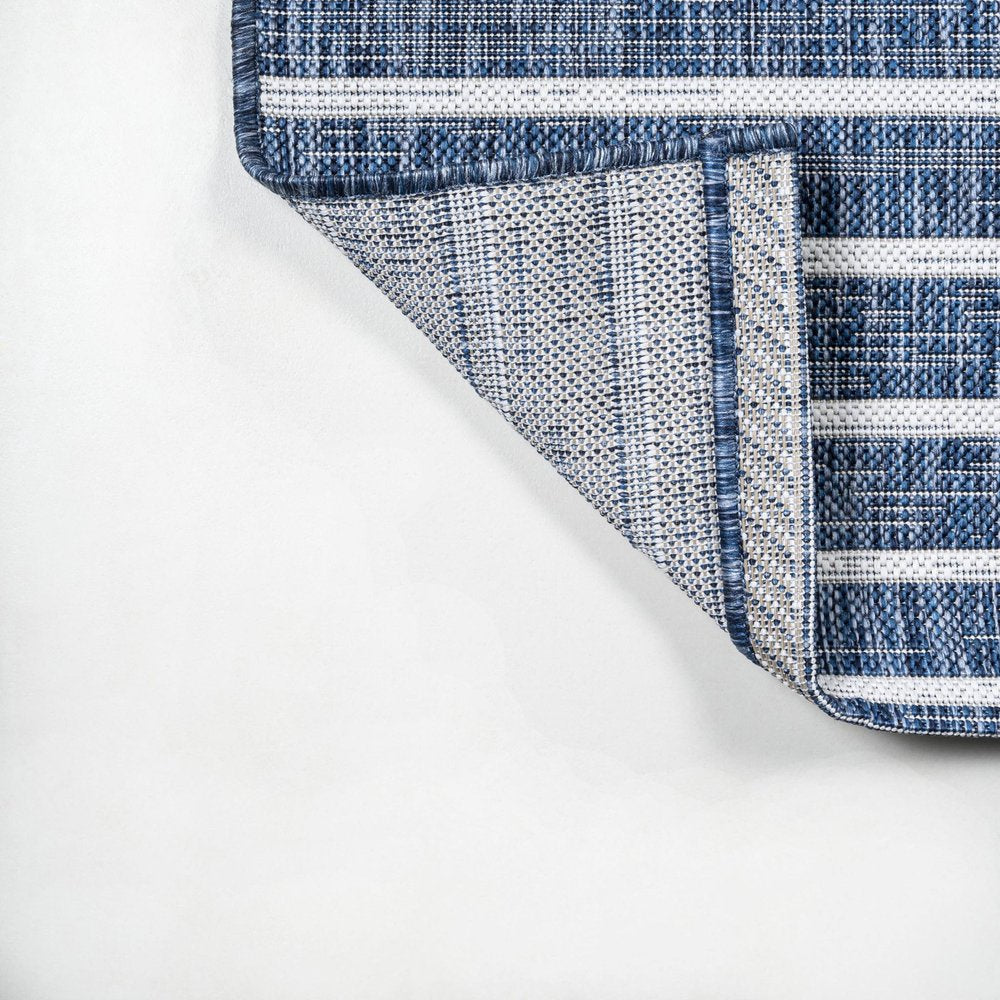 8' Blue And Ivory Striped Indoor Outdoor Runner Rug — view 2