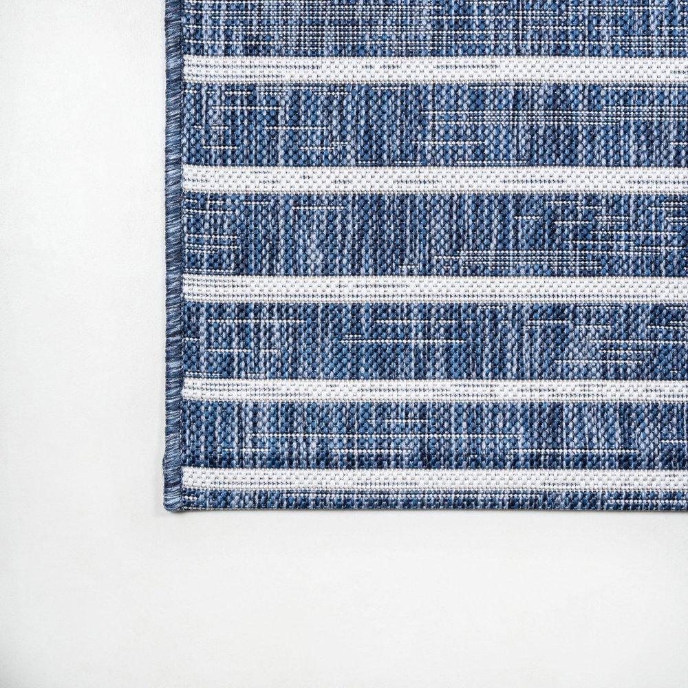 8' Blue And Ivory Striped Indoor Outdoor Runner Rug — view 3