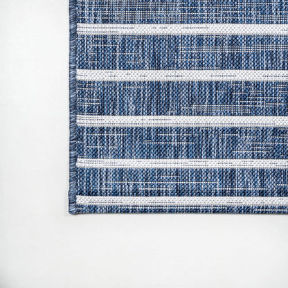 8' Blue And Ivory Striped Indoor Outdoor Runner Rug HomeRoots