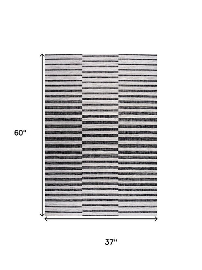 3' X 5' Ivory And Black Striped Indoor Outdoor Area Rug