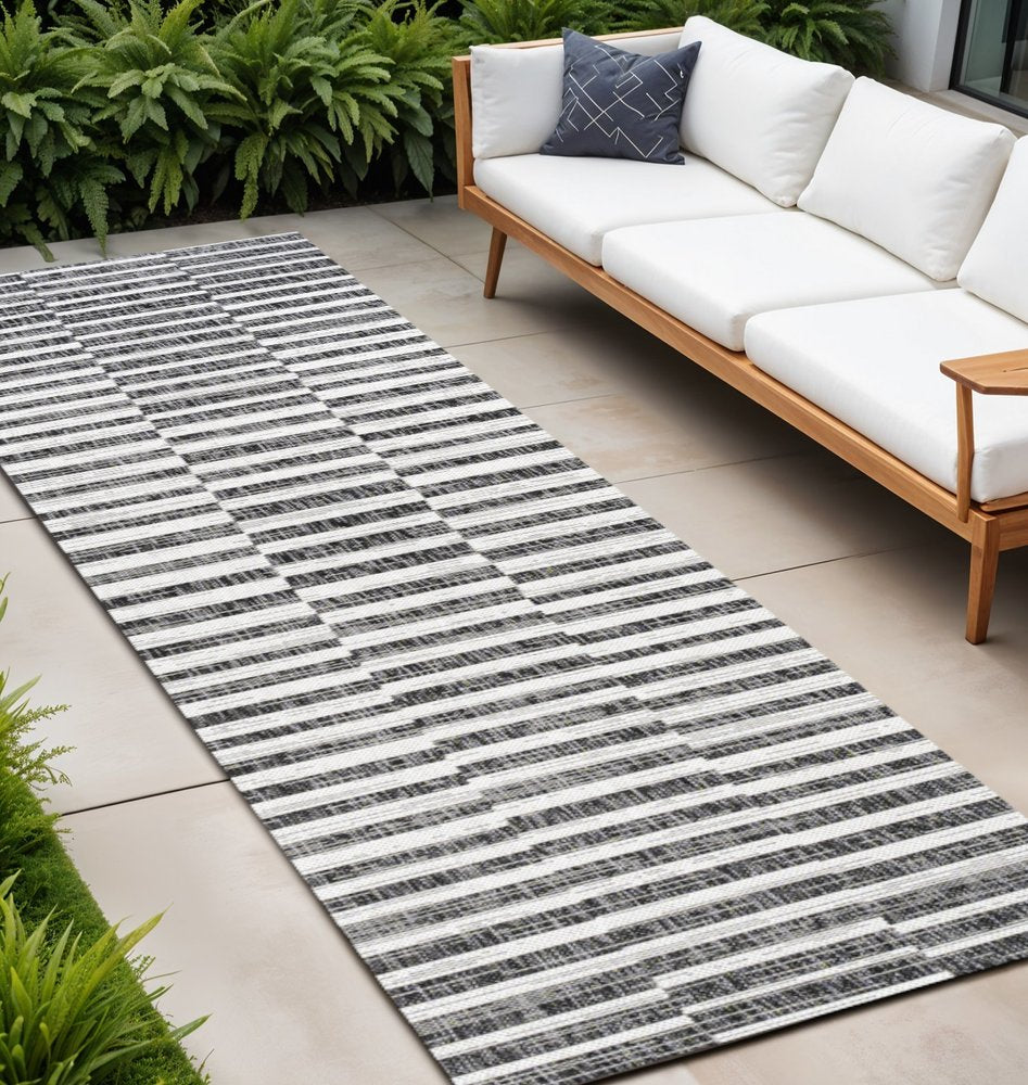 8' Black And Ivory Striped Indoor Outdoor Runner Rug — view 5