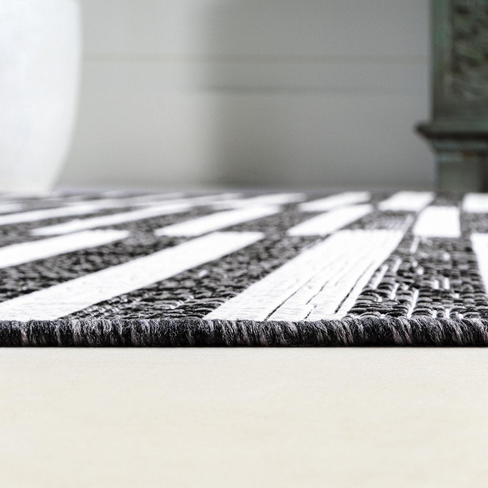 8' Black And Ivory Striped Indoor Outdoor Runner Rug — view 2