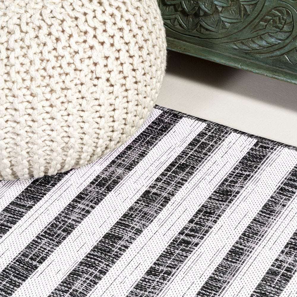8' Black And Ivory Striped Indoor Outdoor Runner Rug — view 3