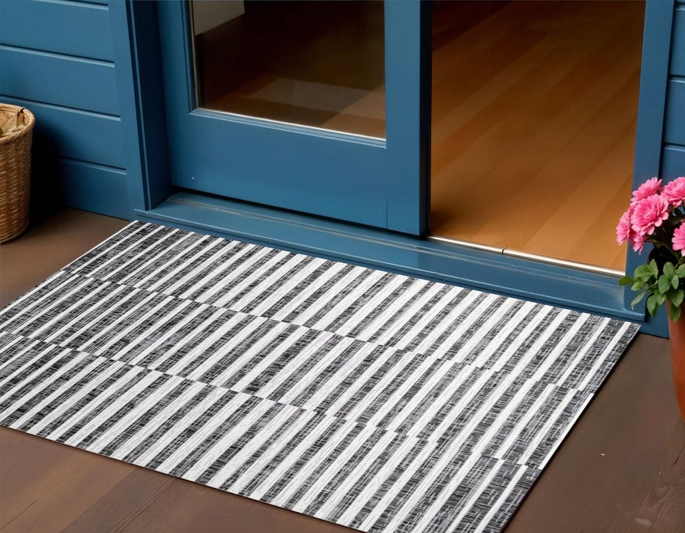 3' X 5' Black And Ivory Striped Indoor Outdoor Area Rug — view 3