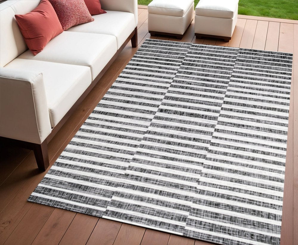 4' X 6' Black And Ivory Striped Indoor Outdoor Area Rug — view 4