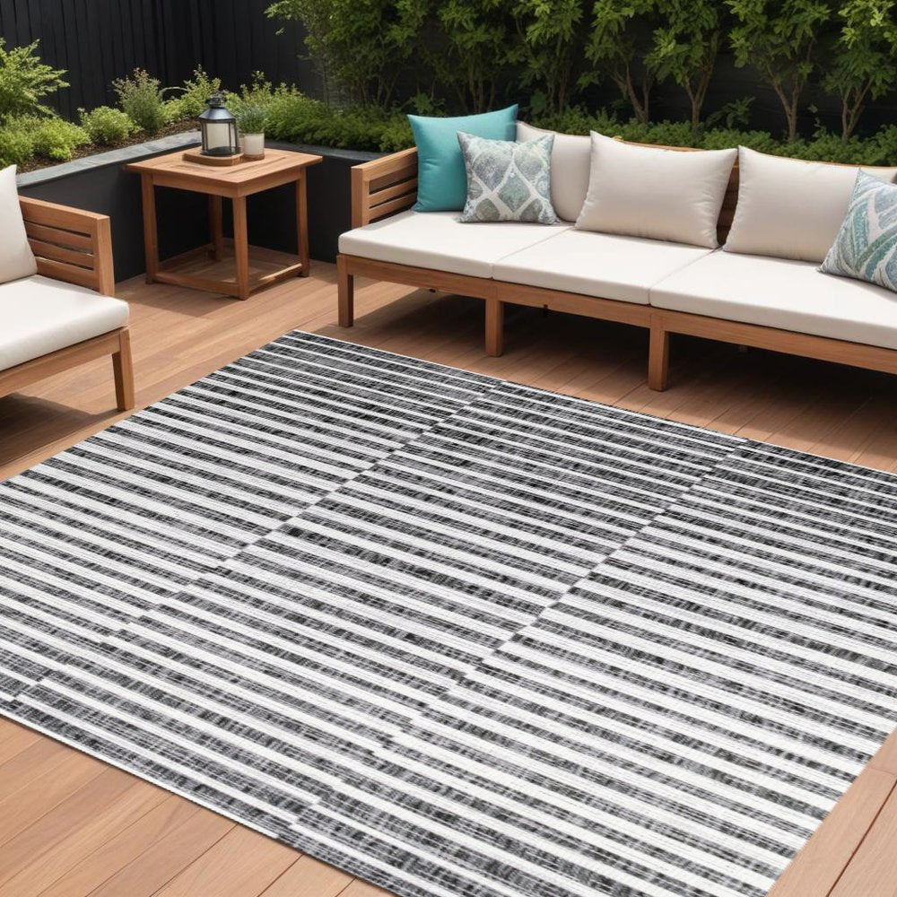 8' X 10' Black And Ivory Striped Indoor Outdoor Area Rug — view 3