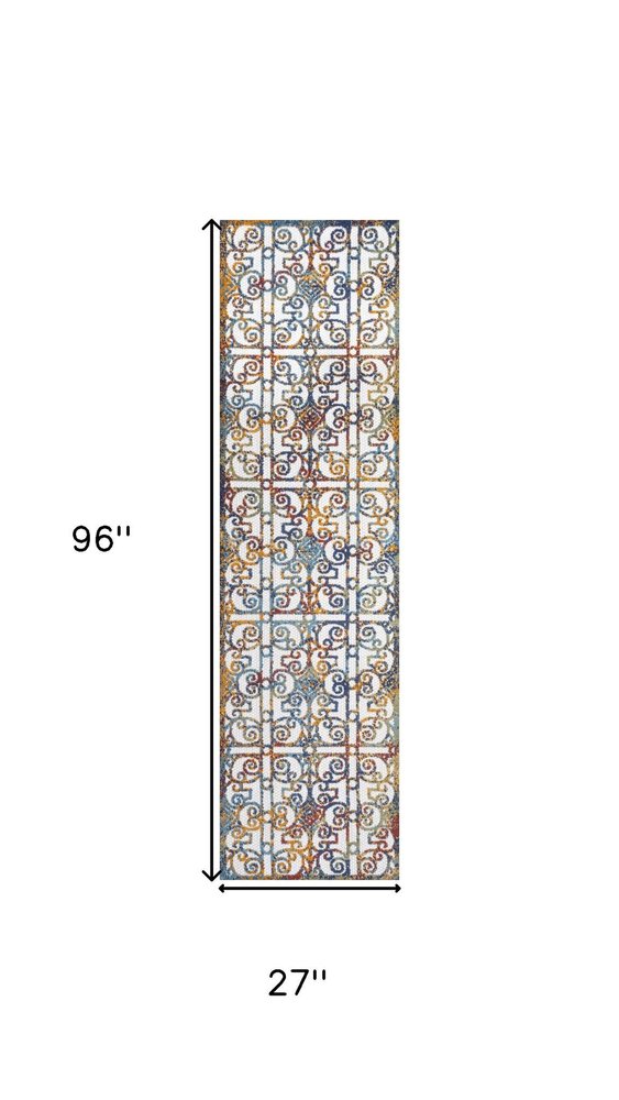 8' Cream Blue And Orange Trellis Indoor Outdoor Runner Rug — view 6