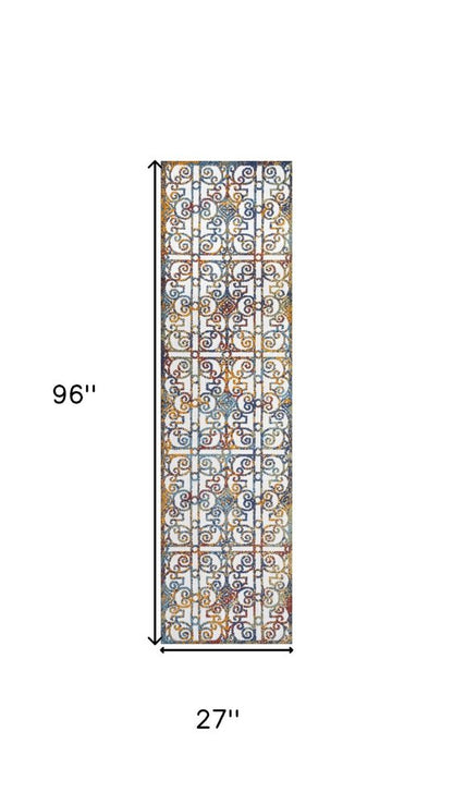 8' Cream Blue And Orange Trellis Indoor Outdoor Runner Rug