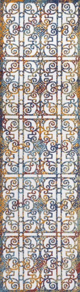 8' Cream Blue And Orange Trellis Indoor Outdoor Runner Rug — view 1