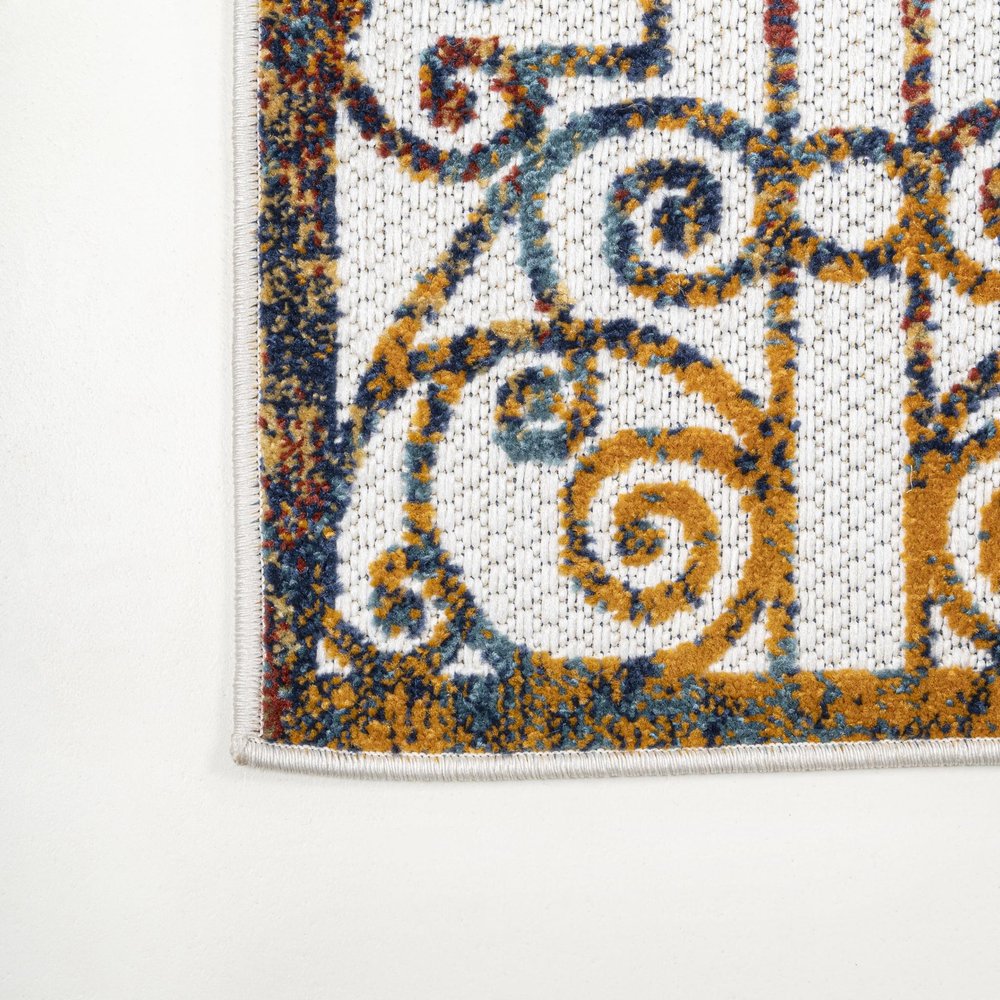 8' Cream Blue And Orange Trellis Indoor Outdoor Runner Rug — view 3