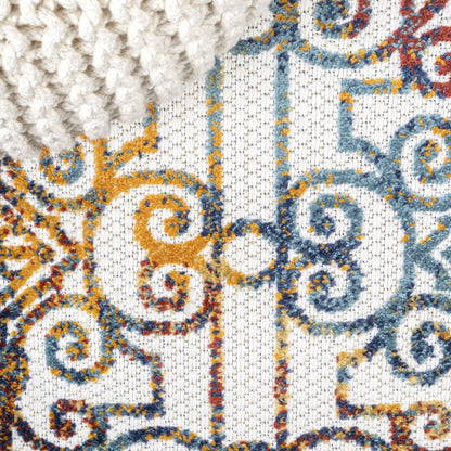 8' Cream Blue And Orange Trellis Indoor Outdoor Runner Rug HomeRoots