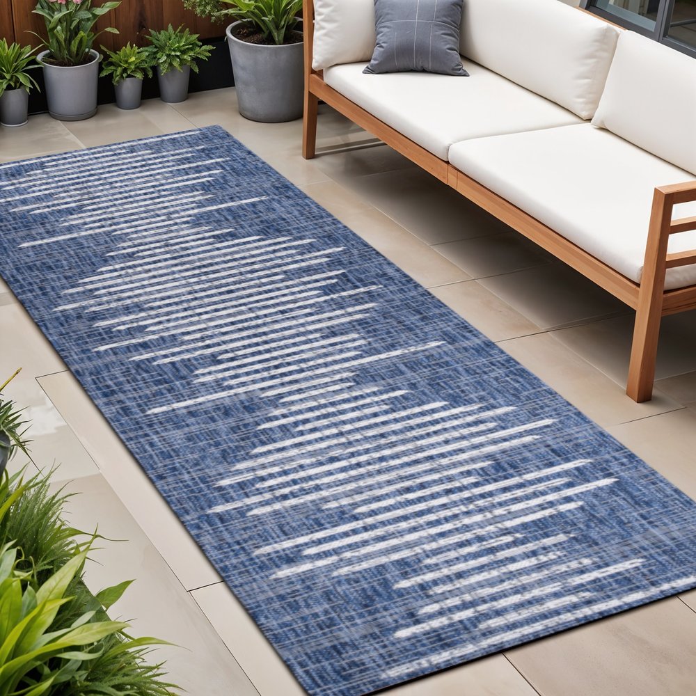8' Blue And Ivory Striped Indoor Outdoor Runner Rug — view 8