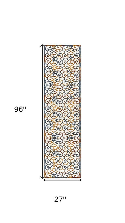 8' Cream Blue And Red Trellis Indoor Outdoor Runner Rug HomeRoots