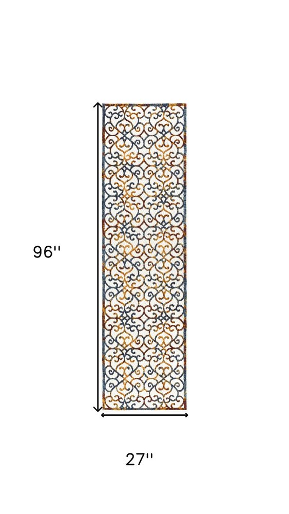 8' Cream Blue And Red Trellis Indoor Outdoor Runner Rug — view 8