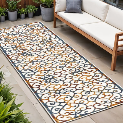 8' Cream Blue And Red Trellis Indoor Outdoor Runner Rug HomeRoots