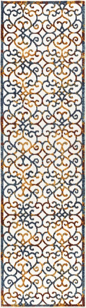 8' Cream Blue And Red Trellis Indoor Outdoor Runner Rug — view 2
