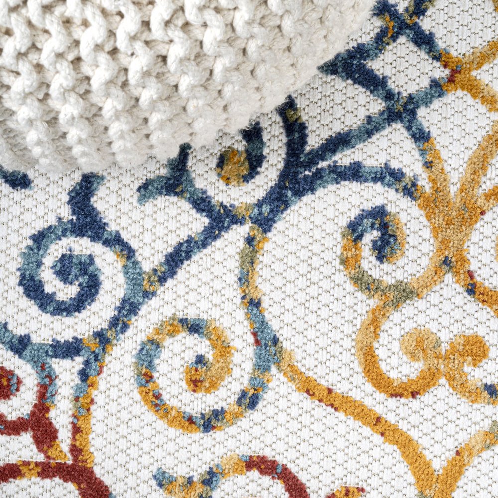 8' Cream Blue And Red Trellis Indoor Outdoor Runner Rug — view 5