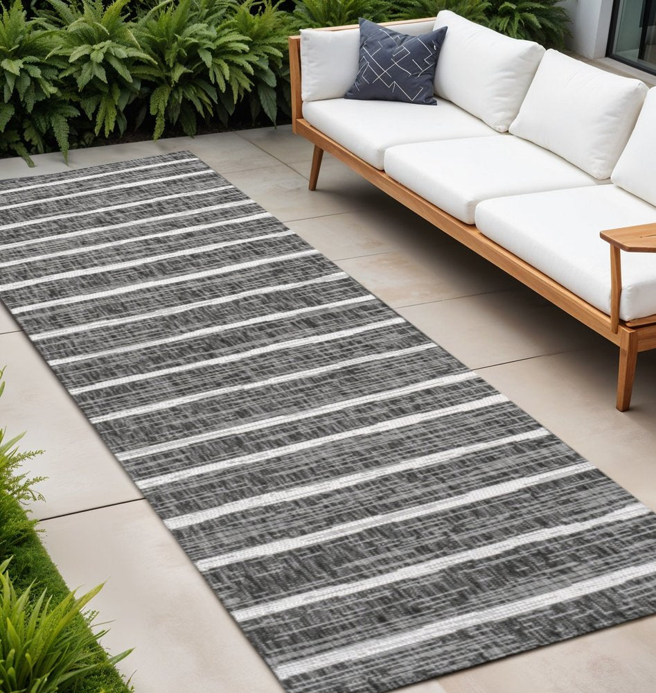 10' Black And Ivory Striped Indoor Outdoor Runner Rug HomeRoots
