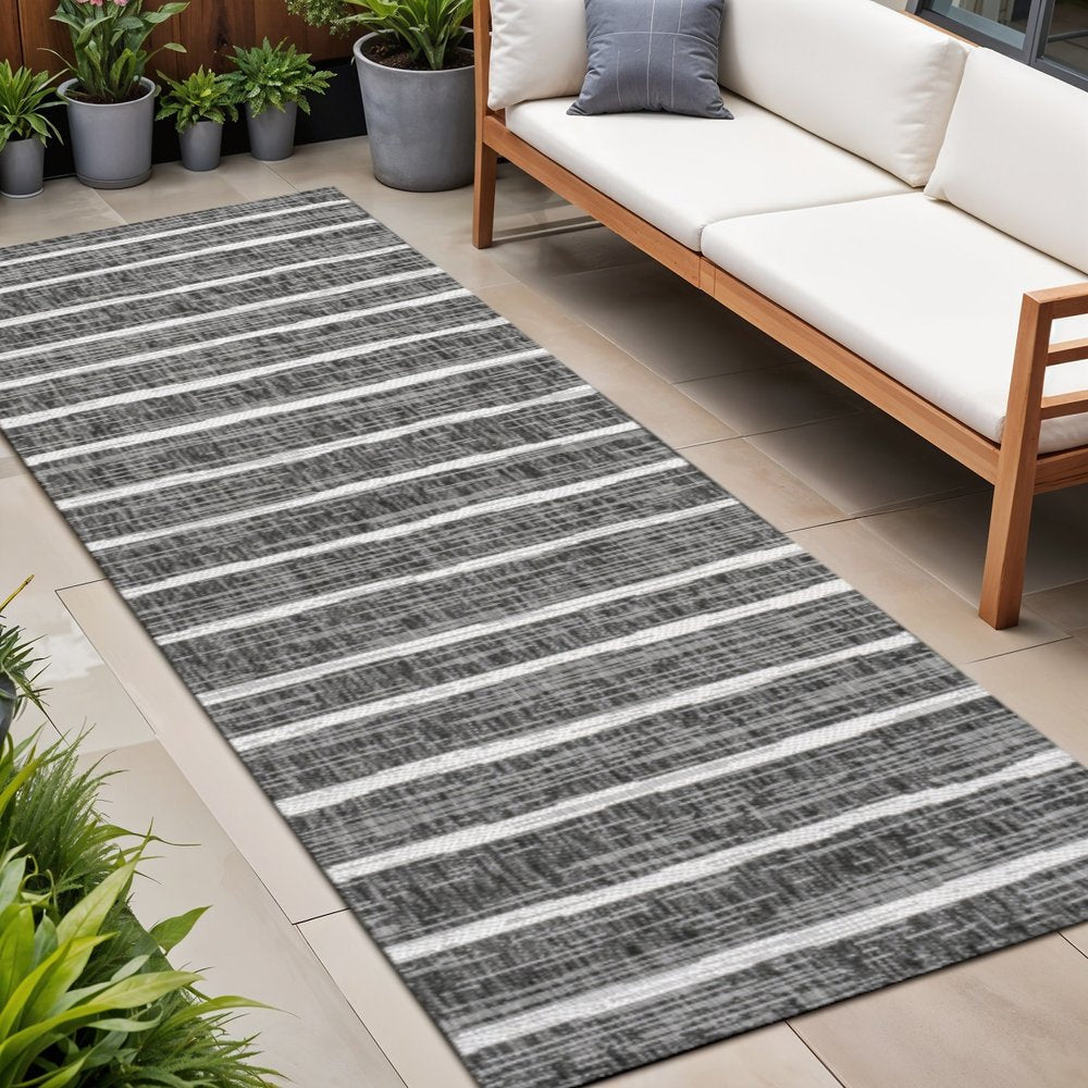 8' Black And Ivory Striped Indoor Outdoor Runner Rug — view 7