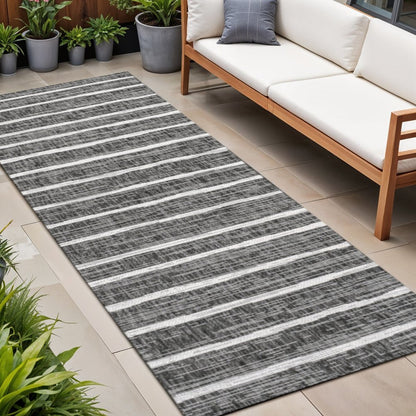 8' Black And Ivory Striped Indoor Outdoor Runner Rug