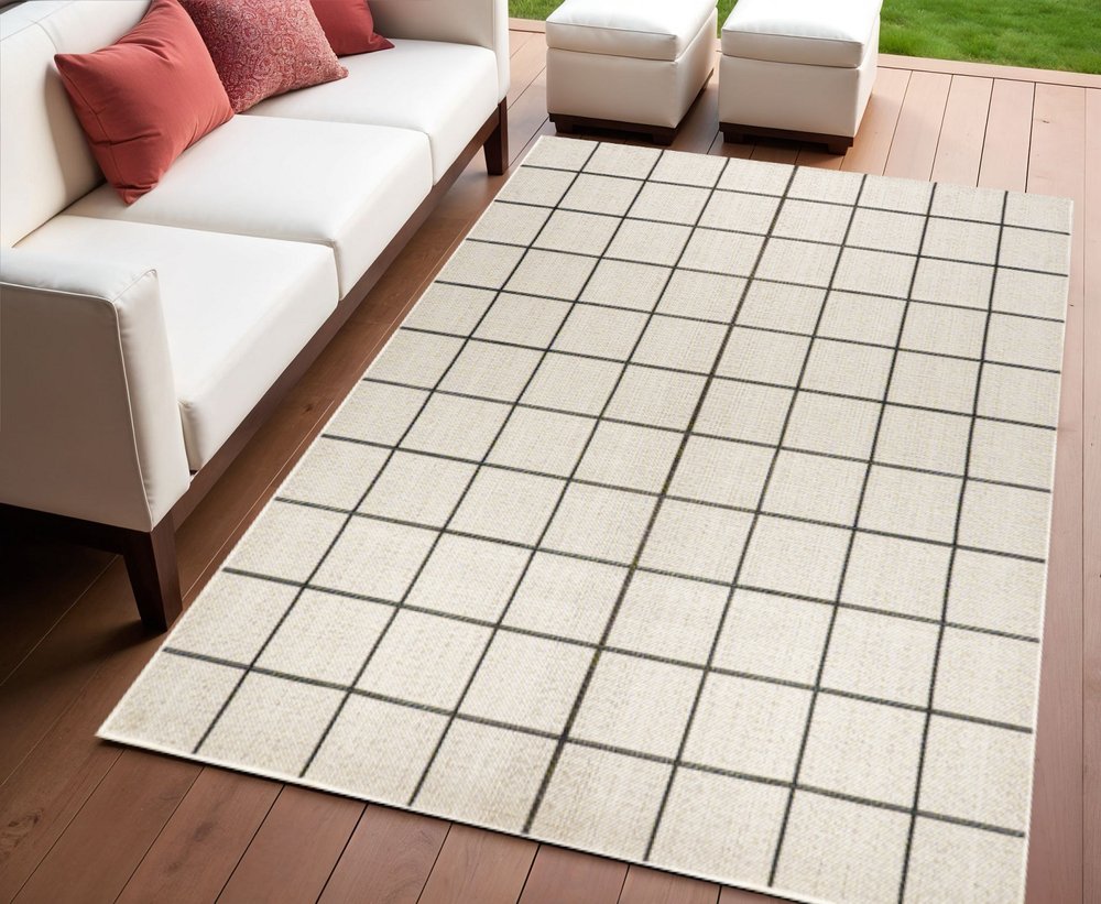 4' X 6' Cream And Dark Gray Plaid Indoor Outdoor Area Rug