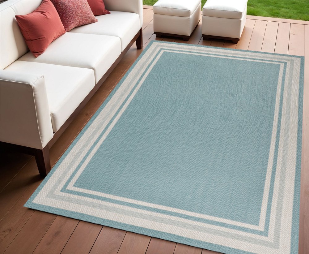 4' X 6' Aqua And Beige Striped Indoor Outdoor Area Rug — view 5